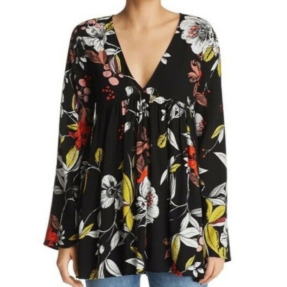 Free People Bella Floral Print V Neck Bell Sleeve Tunic Top Dress XS - Picture 3 of 10